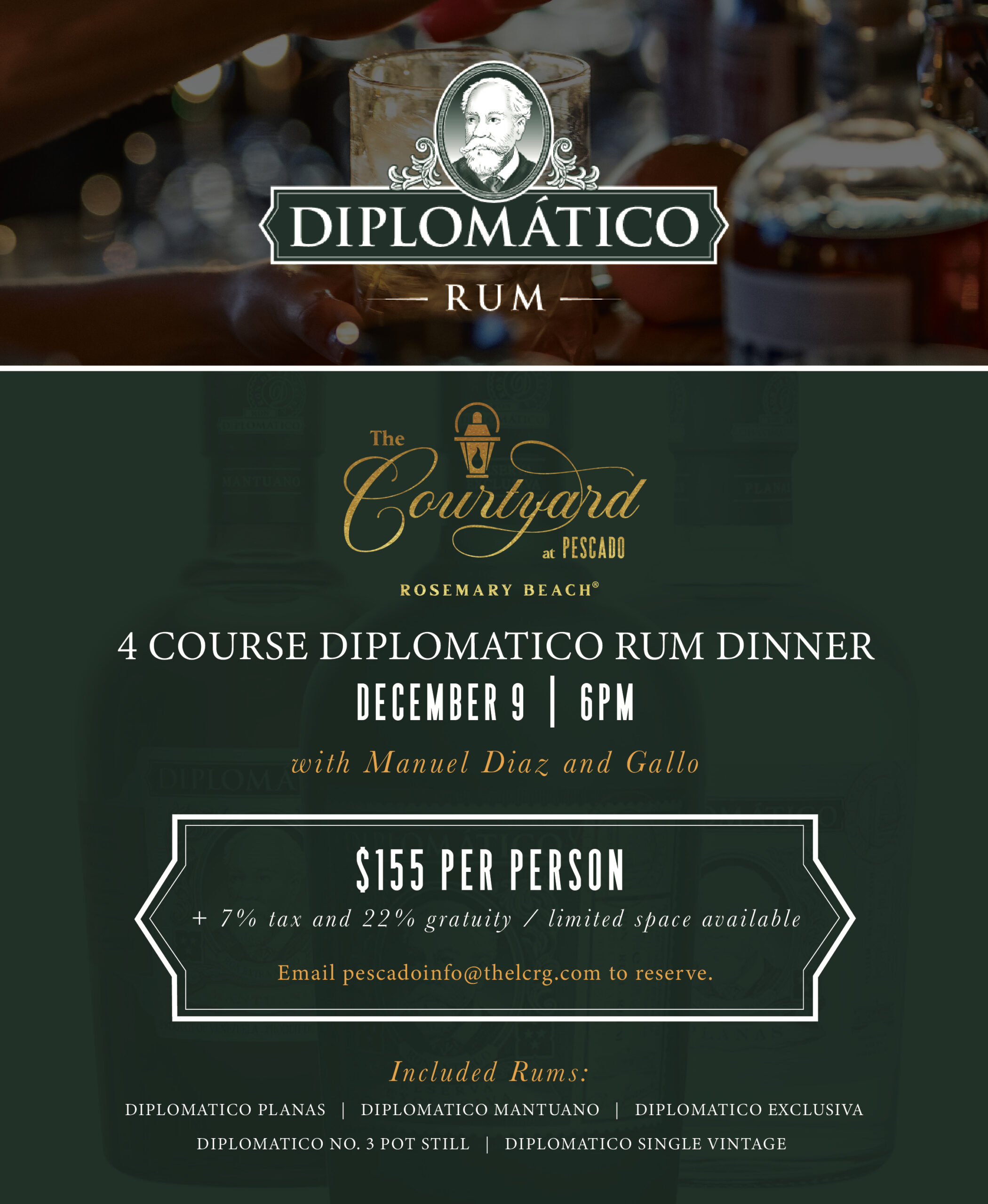 The Courtyard at Pescado to Host a Four Course Diplomatico Rum Dinner