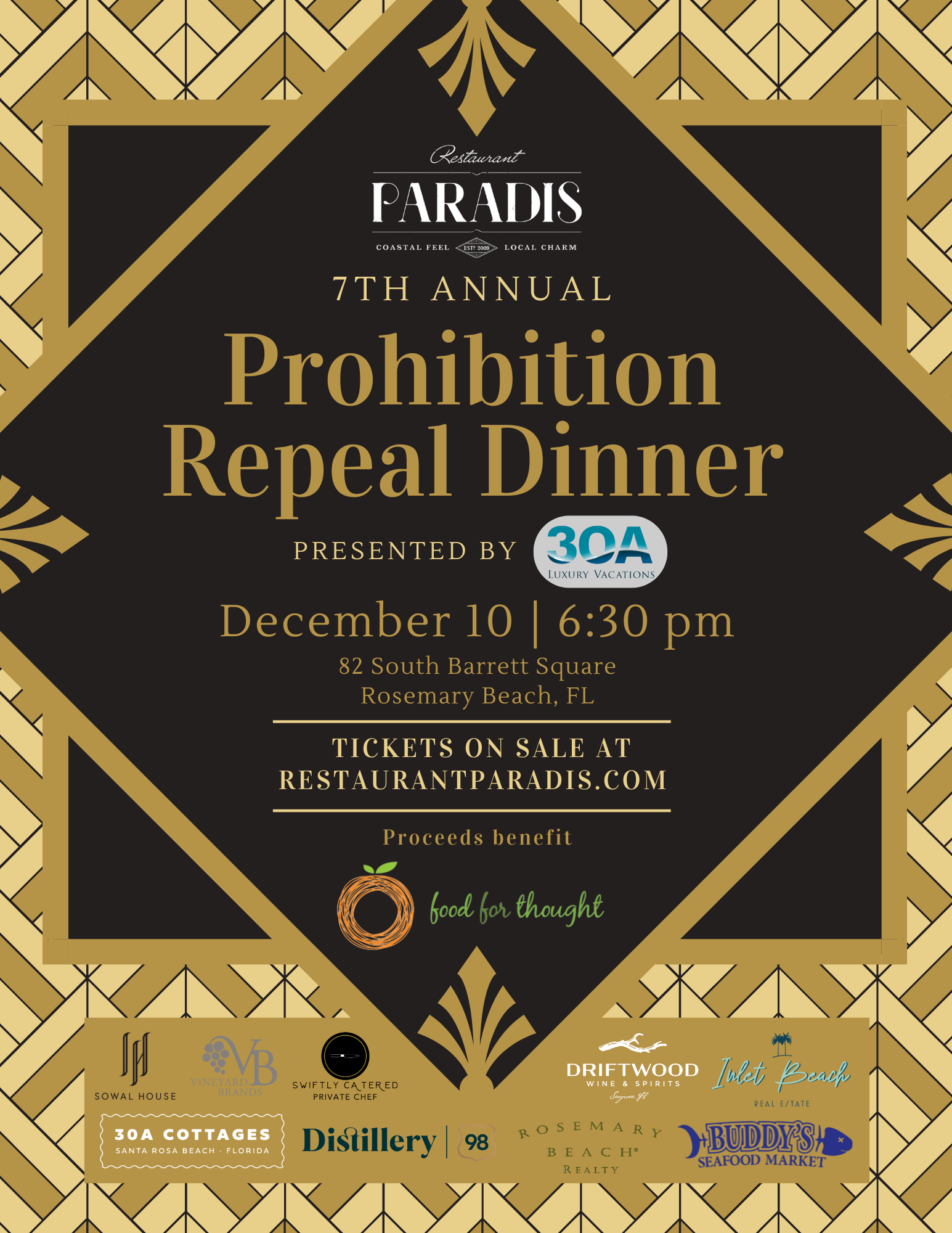 Restaurant Paradis Announces Seventh Annual Prohibition Repeal Wine Dinner Benefitting Food for Thought Outreach #30atv