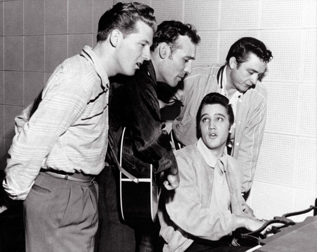 Elvis Presley, Johnny Cash, Jerry Lee Lewis, and Carl Perkins