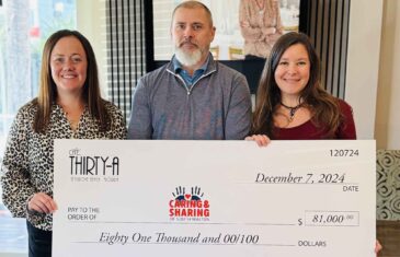 From left to right: Carly Barnes, Executive Director of Caring & Sharing of South Walton; David Kessler and Jackie Maliszewski, owners of Cafe Thirty-A.