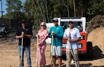 President of Sandestin Investments Sarah Becnel (center left), Director of Tennis and Pickleball Todd Hanson (center right) and Executive Director of Activities Jason Draughn (right) break ground on the Sandestin pickleball courts with a representative of Cajun Courts.